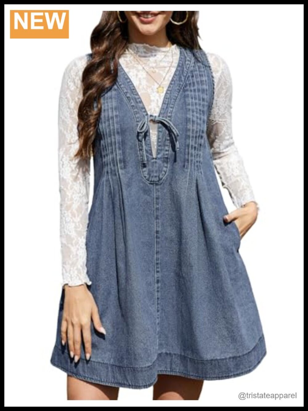 Denim Mini Dress V Neck Sleeveless Pleated Flowy Loose Fit Tie Front